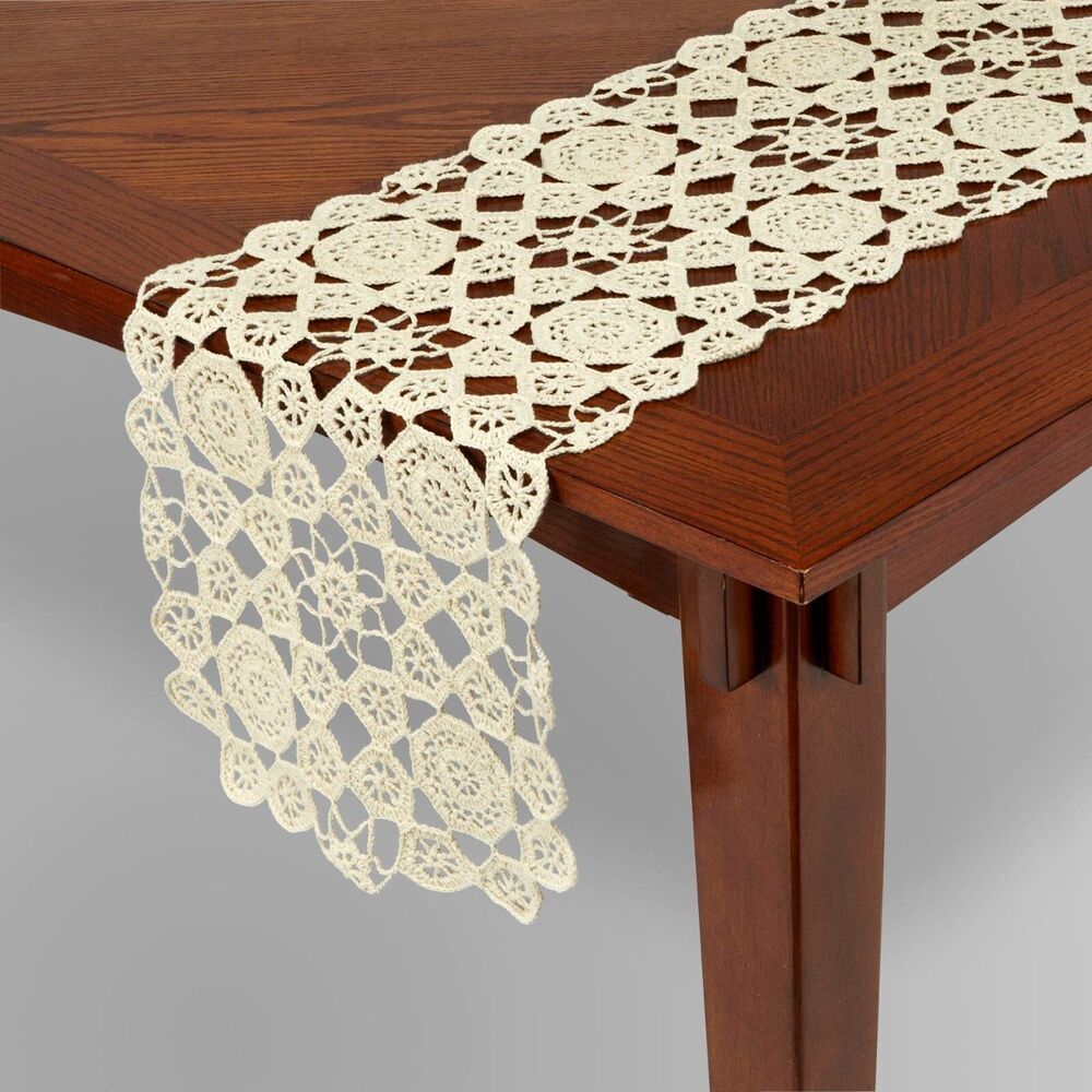 Essential Home Ivory Random Crochet Table Runner Cotton Polyester 13 x 39-in NEW
